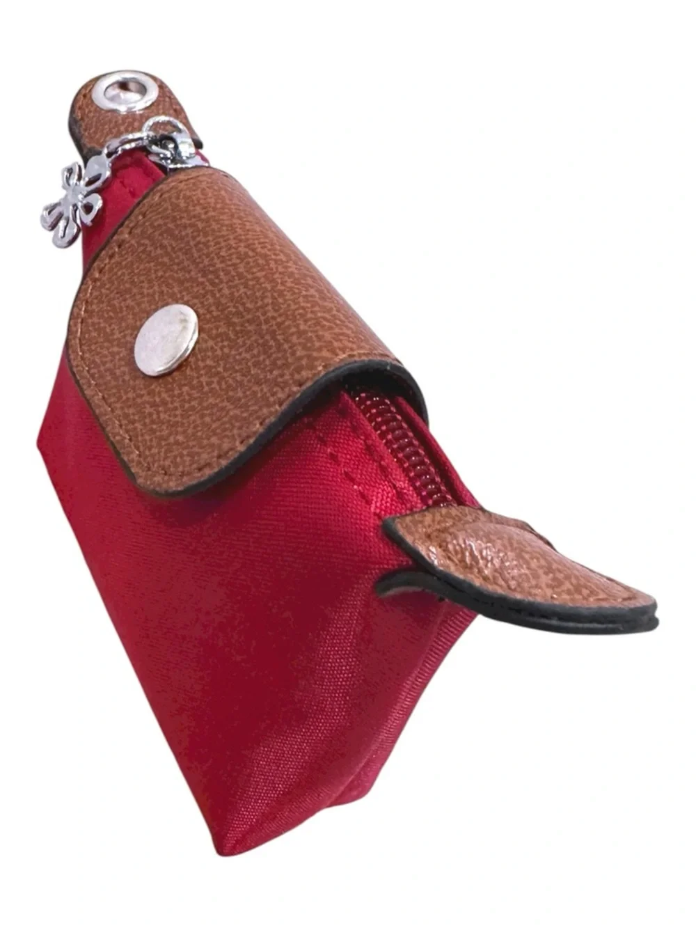 Longchamp Style Canvas Red Women's Pouch Brown Leather Trim Silver Flower Charm
